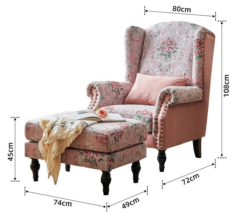 Vintage Pink Rose Manor Chair – Retro High-Back Sofa with Ottoman, Living Room/Bedroom/Designer Balcony