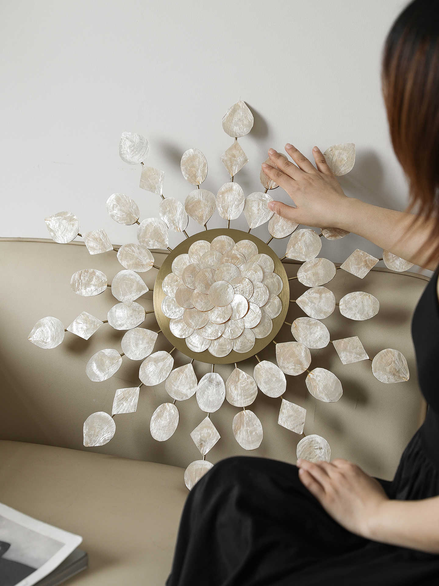 Luxury Gold Geometric Starburst Wall Art, Pearl Shell Decorative Metal Sculpture for Living Room & Dining Room