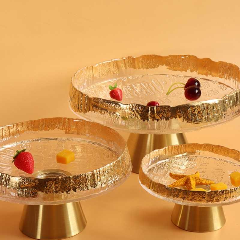 Luxury Gold Foil Glass Fruit Tray Set, Modern High-Foot Snack Organizer, Decorative Copper Base Display Bowls for Home & Countertop