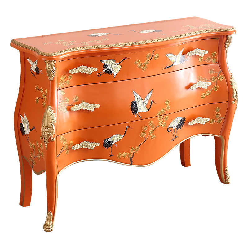 French Chinoiserie Orange Lacquered Console with Hand-Painted Flying Cranes, Traditional Bombé Entry Cabinet