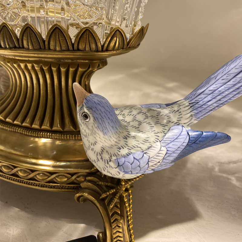 Luxury French Brass Ceramic Bird Czech Crystal Pedestal Fruit Bowl, Ornate Wide-Mouth Decorative Centerpiece with Bird Figurine