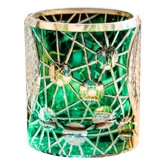 Green Starburst Crystal Whiskey Glass Set of 2 – Handcrafted Luxury Old Fashioned Tumbler, Celebrity-Inspired, Gift Box Pair