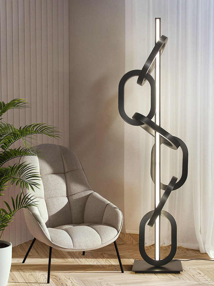 Designer Black Chain Ring Sculpture Floor Lamp, Modern Creative Sand Black Stainless Steel Lighting for Showroom/Living Room/Luxury Decor