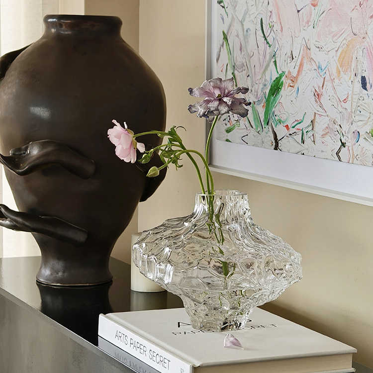 Valley Stream Art Transparent Glass Vase, Modern Minimalist Creative Flower Vessel with Textured Pattern for Boutique Hotel Showroom Decor