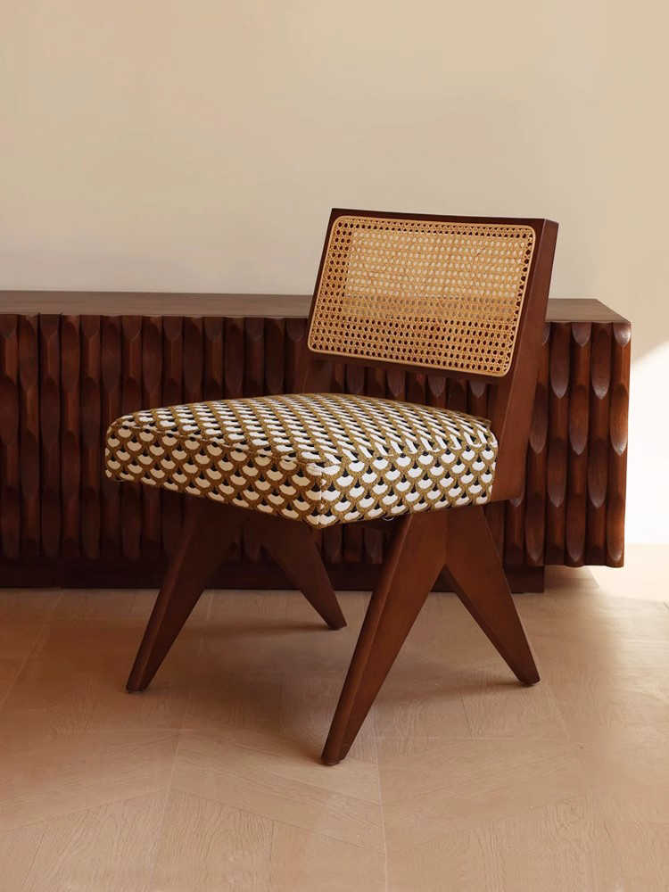 Mid-Century Rattan Back Solid Wood Accent Chair – Vintage Designer Single Dining & Study Chair for Home & Living Room