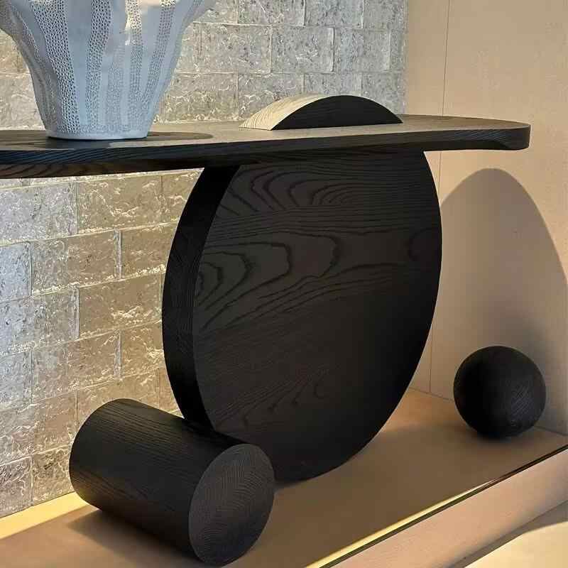 Modern Black Ash Wood Console Table | Creative Designer Entryway Display Stand with Geometric Ball Base, Minimalist Hallway Accent