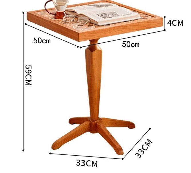 Cherry Wood Mobile Side Table – Vintage French Style Small Square Tea Table, Portable Solid Wood Accent Table for Sofa, Bedroom, Balcony, Rustic Mid-Century Design