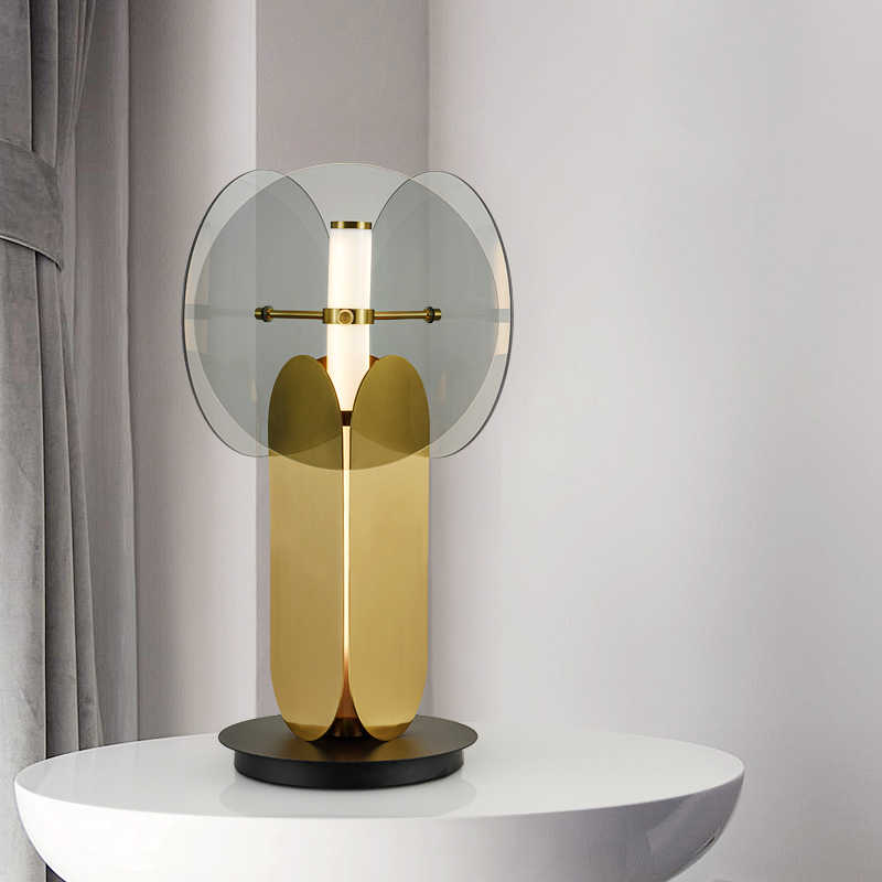 Postmodern Designer Glass & Iron Table Lamp, Smoky Gray Art Bedside/Study/Living Room Decor, LED Button Switch
