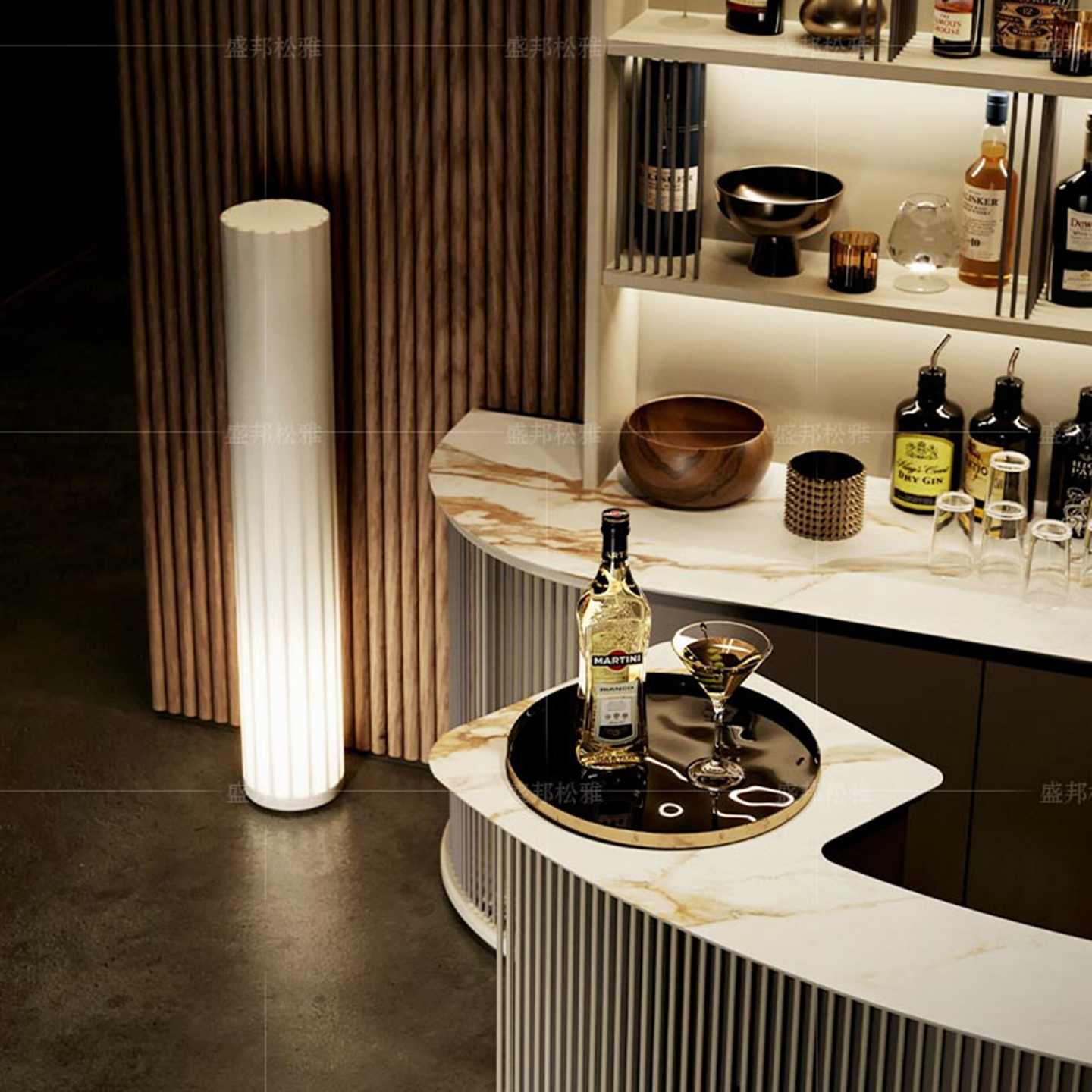 Luxury Curved Bar Cabinet System – Modern Open Display Bar Unit with LED Lighting, Designer Multi-Level Wine Storage for Contemporary Living Rooms
