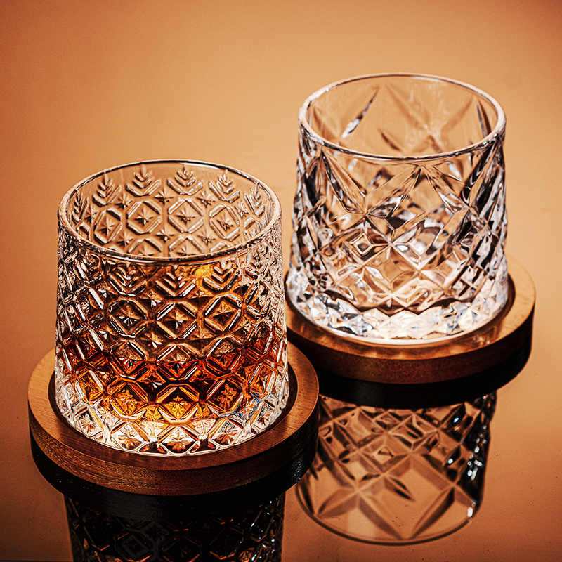 Crystal Whiskey Glass Set 280ml – Mixed 4 Designs: Diamond, Glacier, Stripe, Ice Flower, High-End Rotating Decompression Tumblers with Wood Coasters