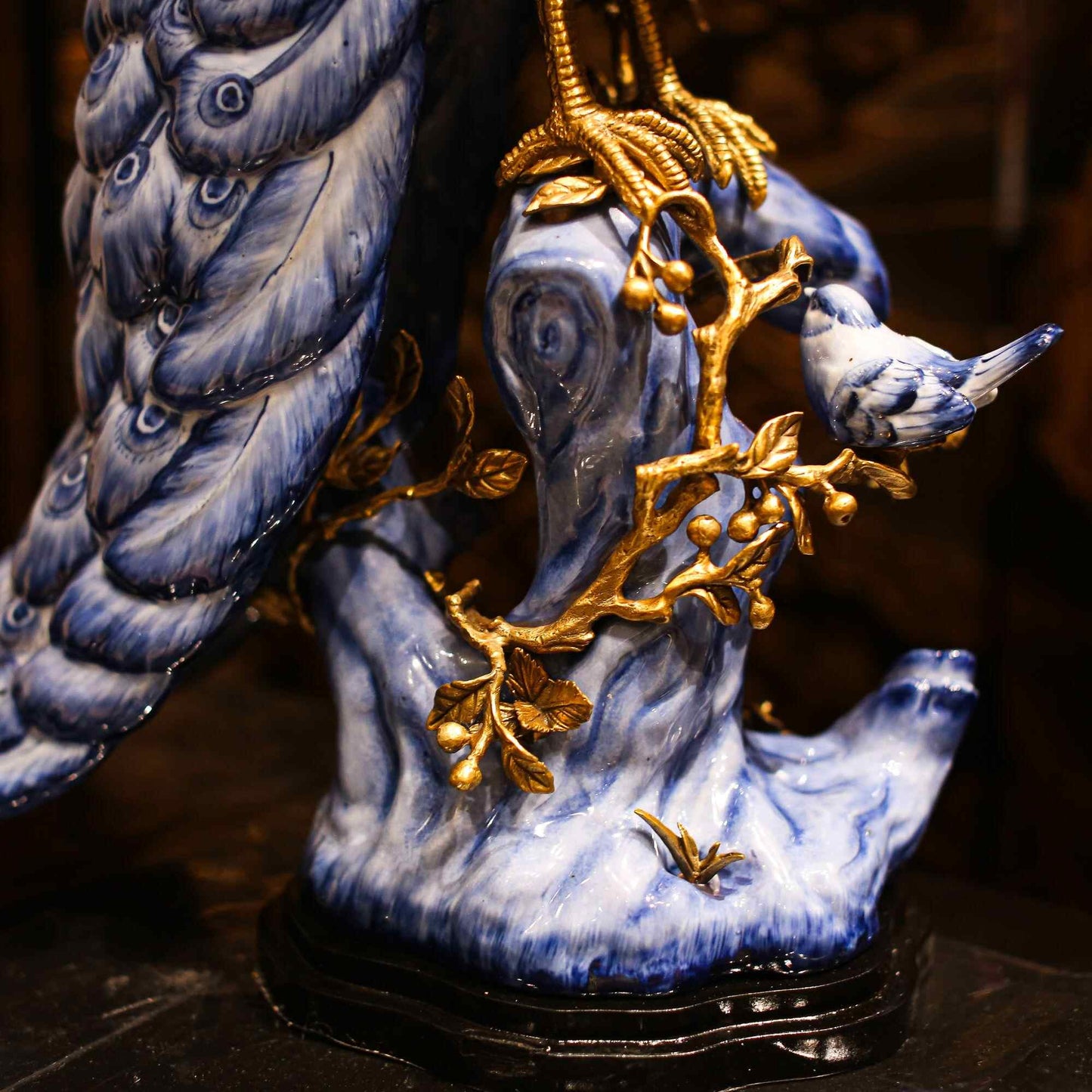 Museum-Quality Blue Ceramic Peacock Sculpture – Traditional Porcelain with Gilded Bronze Accents, Luxury Oriental Art Statement Piece