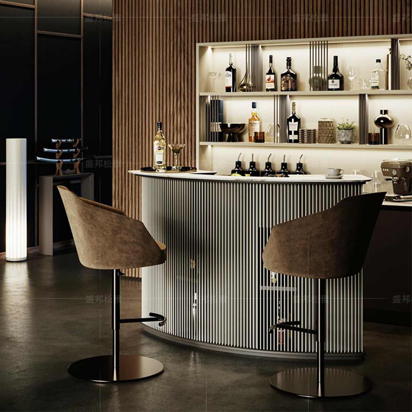 Luxury Curved Bar Cabinet System – Modern Open Display Bar Unit with LED Lighting, Designer Multi-Level Wine Storage for Contemporary Living Rooms