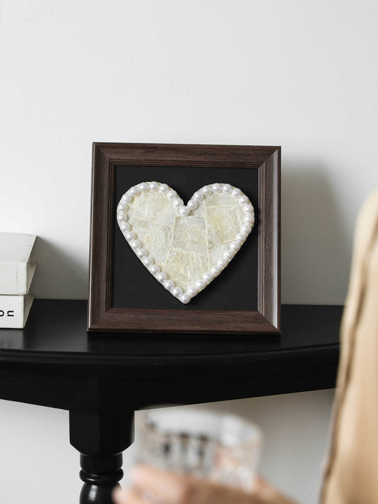 Luxury Pearl Heart Decorative Art, Square Eco Resin Frame Tabletop or Wall Accent for Living Room & Bedroom