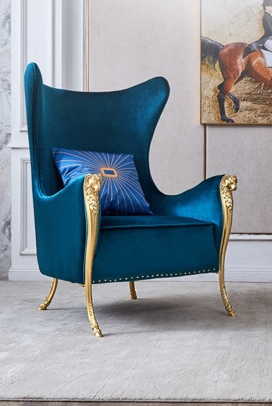 Luxury Royal Blue Velvet Wingback Chair – Baroque High-Back Armchair with Gold Legs, Premium Accent Chair for Living Room