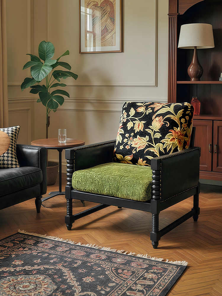 Vintage Solid Wood Leisure Chair – Jacquard Floral Designer Single Sofa, Living Room/Balcony/Small Apartment
