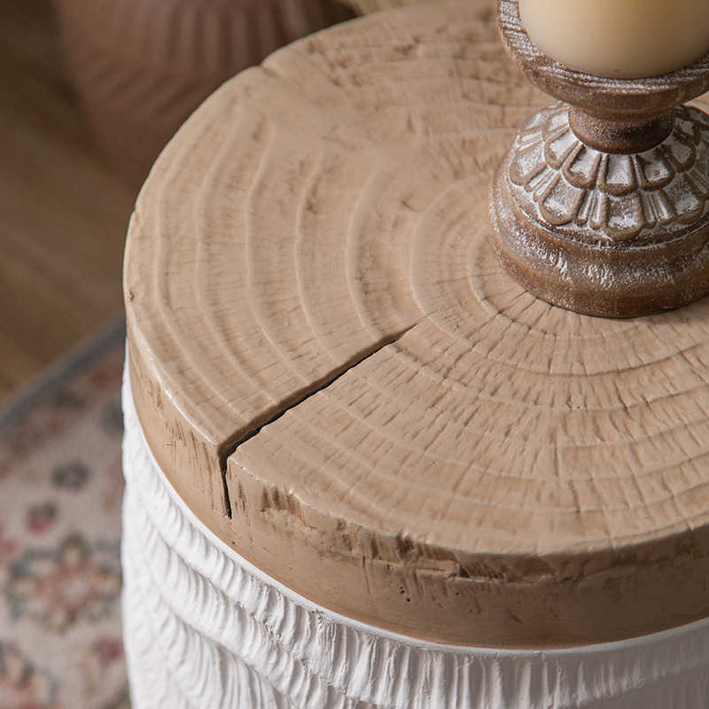 Handcrafted Rope-Textured Ceramic Side Table, Rustic Round Storage Stool with Natural Wood Top, Boho Living Room Accent Table,