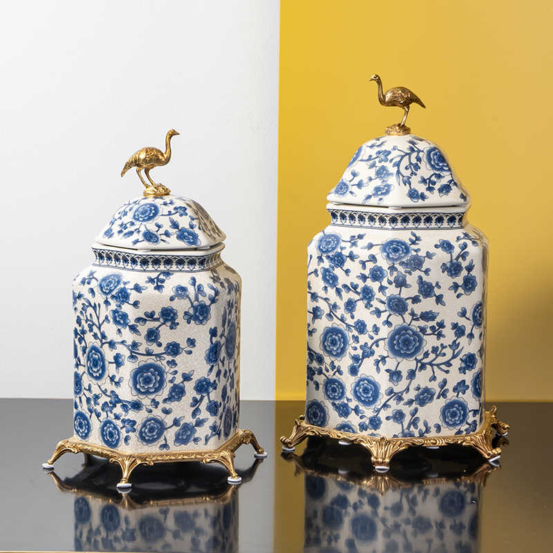 Luxury Blue & White Porcelain Ginger Jar Set with Brass Base – Jingdezhen Decorative Storage Jars, Modern Villa Entryway Centerpiece, Set of 2