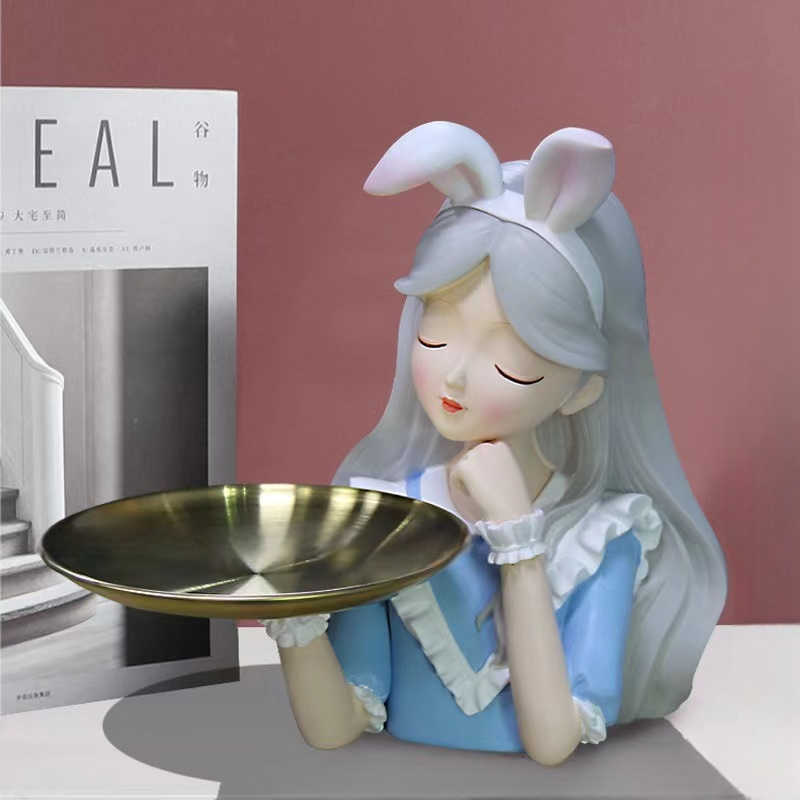 Alice Rabbit Blue Girl Jewelry and Key Tray, Luxury Resin Bunny Ear Figurine Storage Plate, Creative Entryway Vanity Organizer
