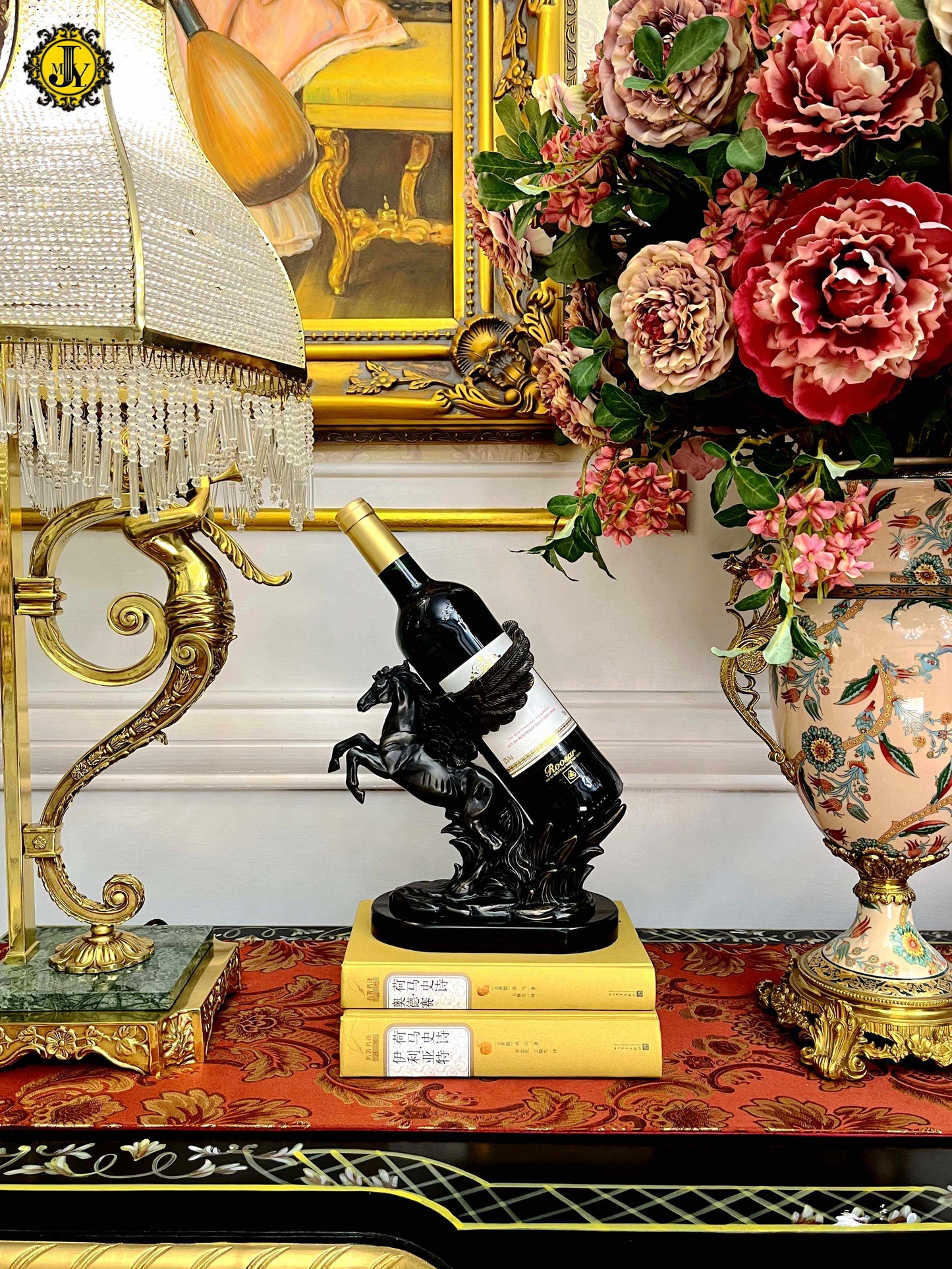 Luxury Bronze Marble Pegasus Wine Rack, Manor Style Black Sculpture for High-End Bar, Wine Cabinet, Villa Display