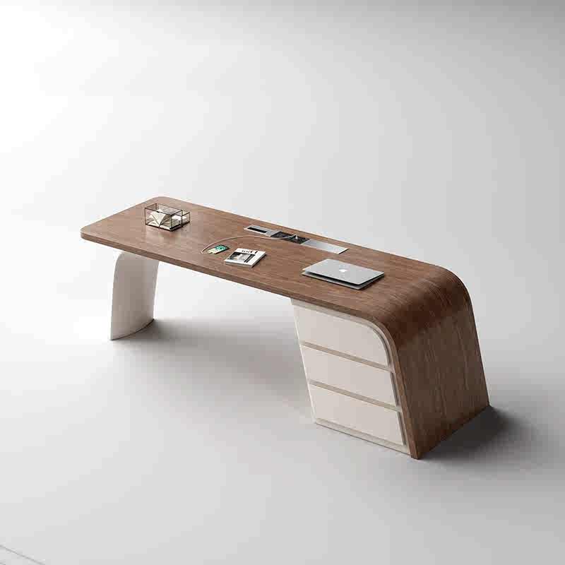 Modern Minimalist Black Walnut Executive Desk – Curved Wood Office Table for Study & Workspace