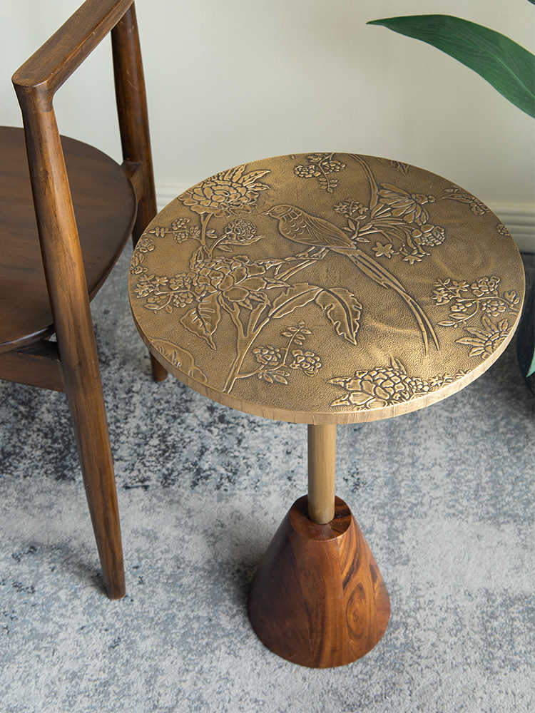 Golden Magpie Brass & Wood Accent Table, Vintage Round Side Table for Living Room, Sofa, Balcony, Bedroom Nightstand, Bird Engraved