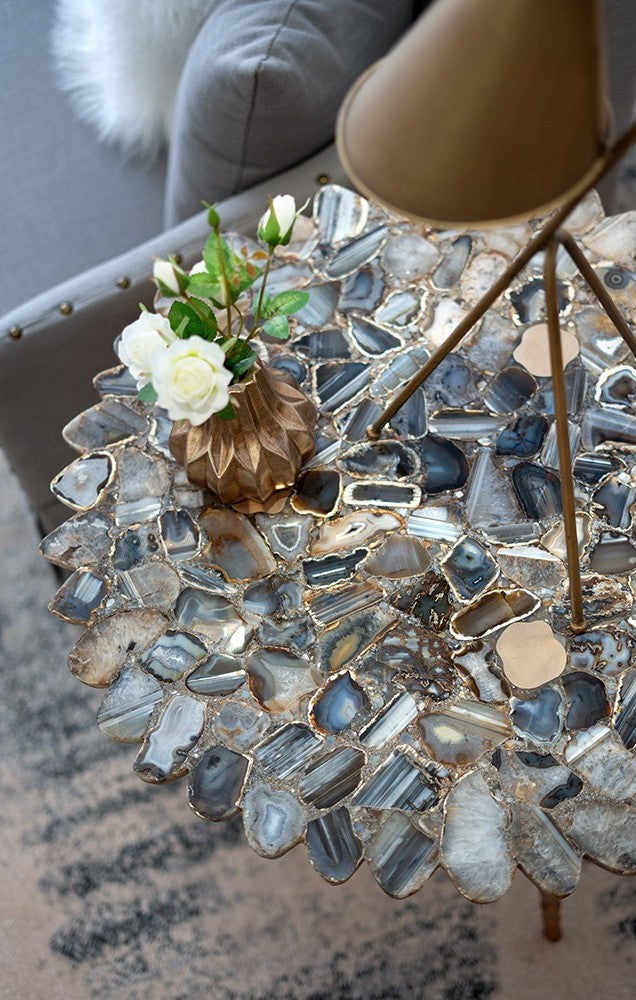 Handcrafted Aluminum Inlaid Agate Luxury Stone Designer Side Table, Large Gold Edition