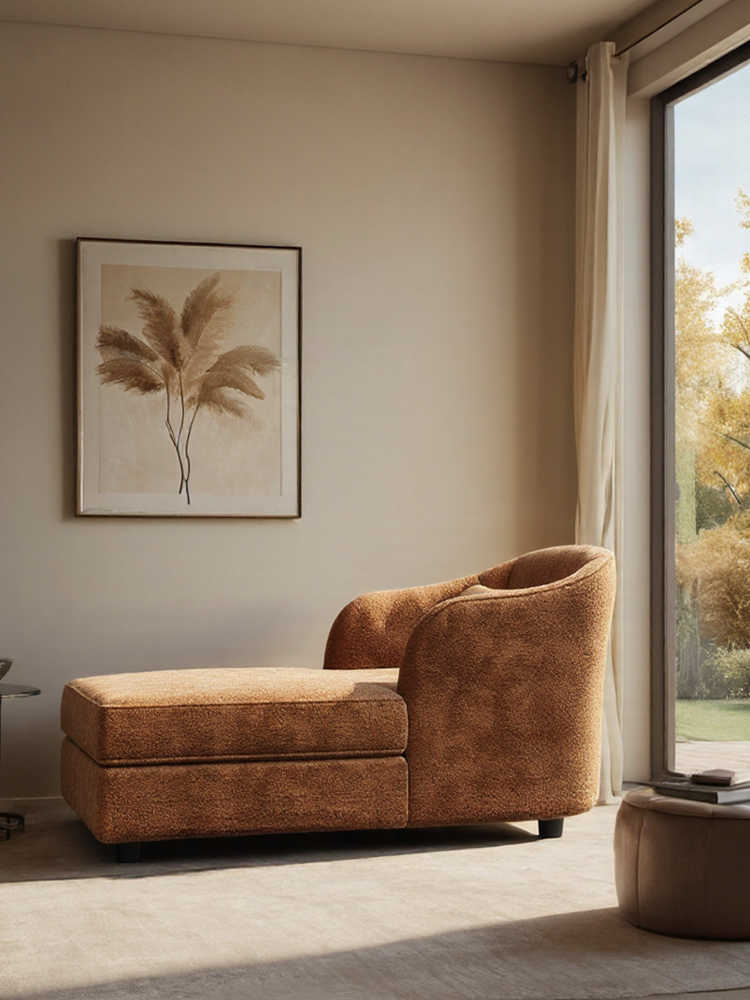 Vintage Chenille Chaise Lounge Sofa – Mid-Century Retro Luxury Recliner for Small Living Room, Bedroom & Hotel Suite