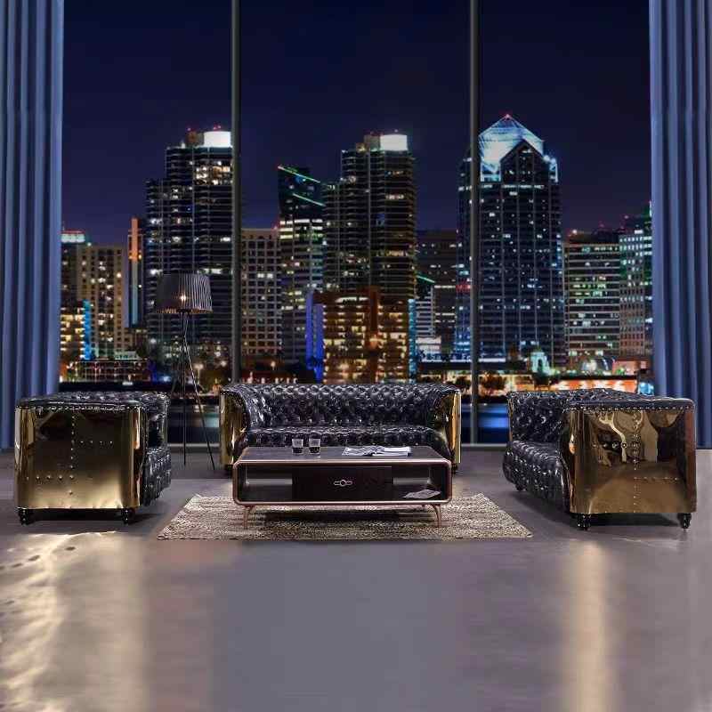 American Industrial Chesterfield Sofa with Copper Aluminum Panels, Designer Aged Black Oil Wax Leather Cigar Bar Couch