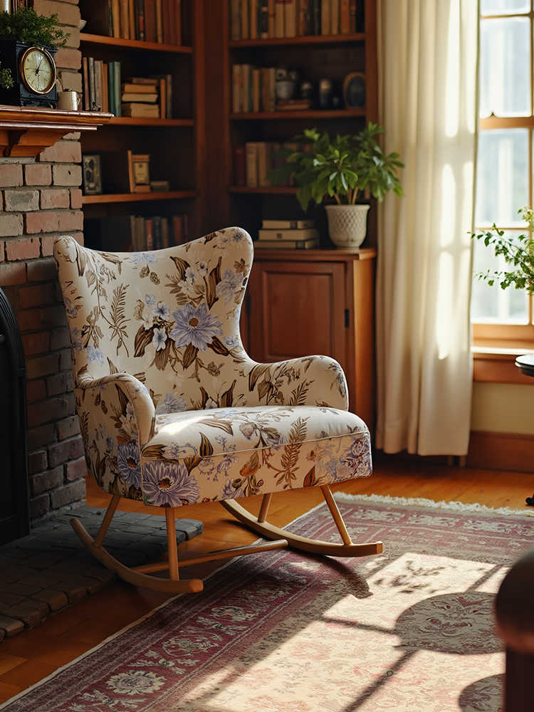 Vintage Designer Solid Wood Floral Rocking Chair – Retro Lounge Armchair for Living Room, Bedroom and Leisure Space