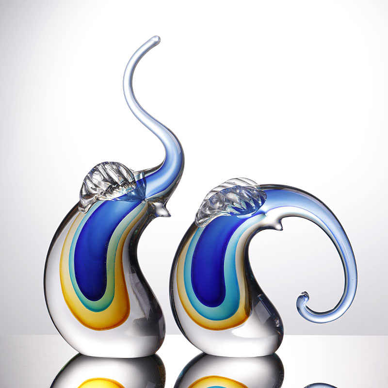 Luxury Rainbow Glass Elephant Figurines Pair, Crystal Art Ornaments with Curved Trunks for Good Fortune, Living Room Office Decor & Housewarming Gift, Set of 2