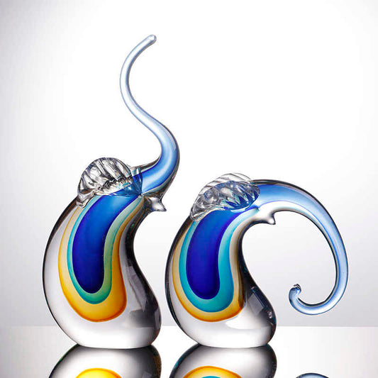 Luxury Rainbow Glass Elephant Figurines Pair, Crystal Art Ornaments with Curved Trunks for Good Fortune, Living Room Office Decor & Housewarming Gift, Set of 2