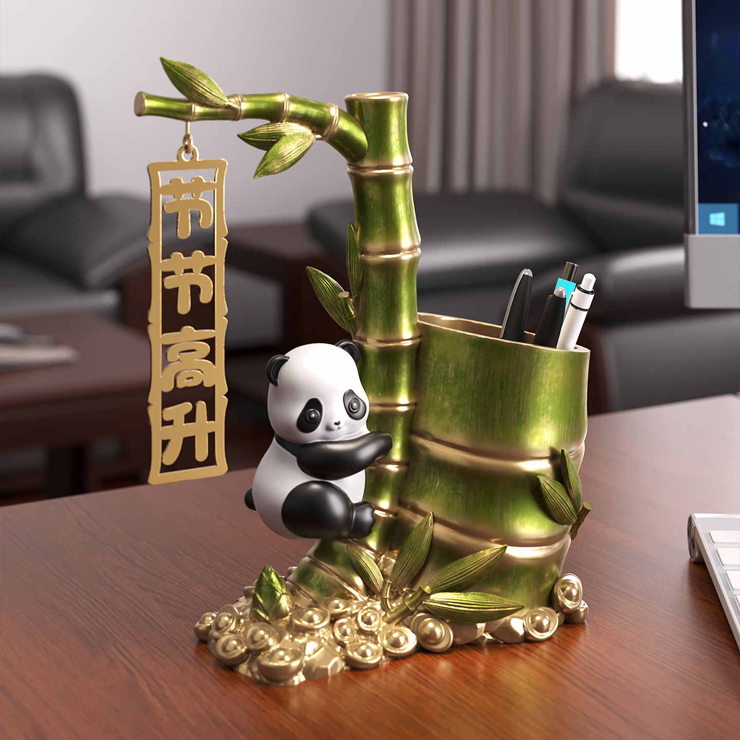 Panda Bamboo Pen Holder Desk Organizer, Cute Graduation Teacher Office Gift for Students, Workspace, Home Decor