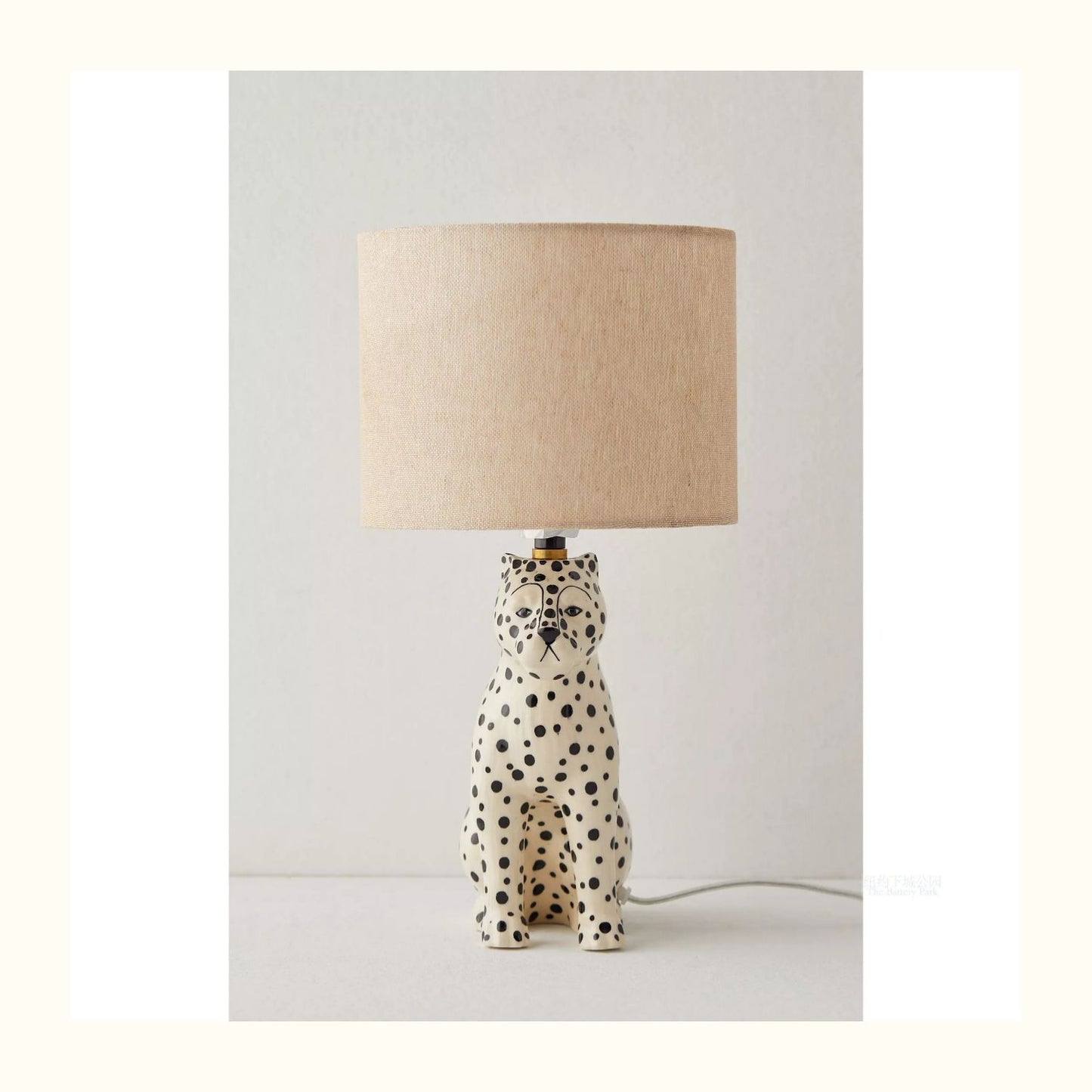 NYC Downtown Park Inspired Spotted Leopard Ceramic Table Lamp, Whimsical Children's Nursery Animal Lamp with Linen Shade, Snow Leopard Design