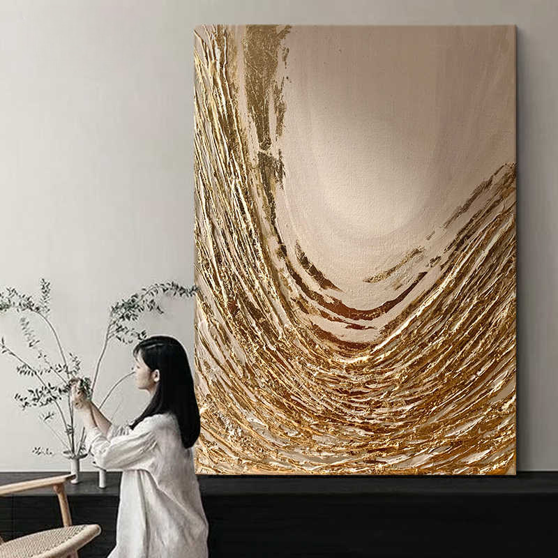 Large Luxury Gold Foil Textured Oil Painting – Original Hand-Painted Abstract Art for Living Room, Foyer & Sofa, Minimalist Italian Style