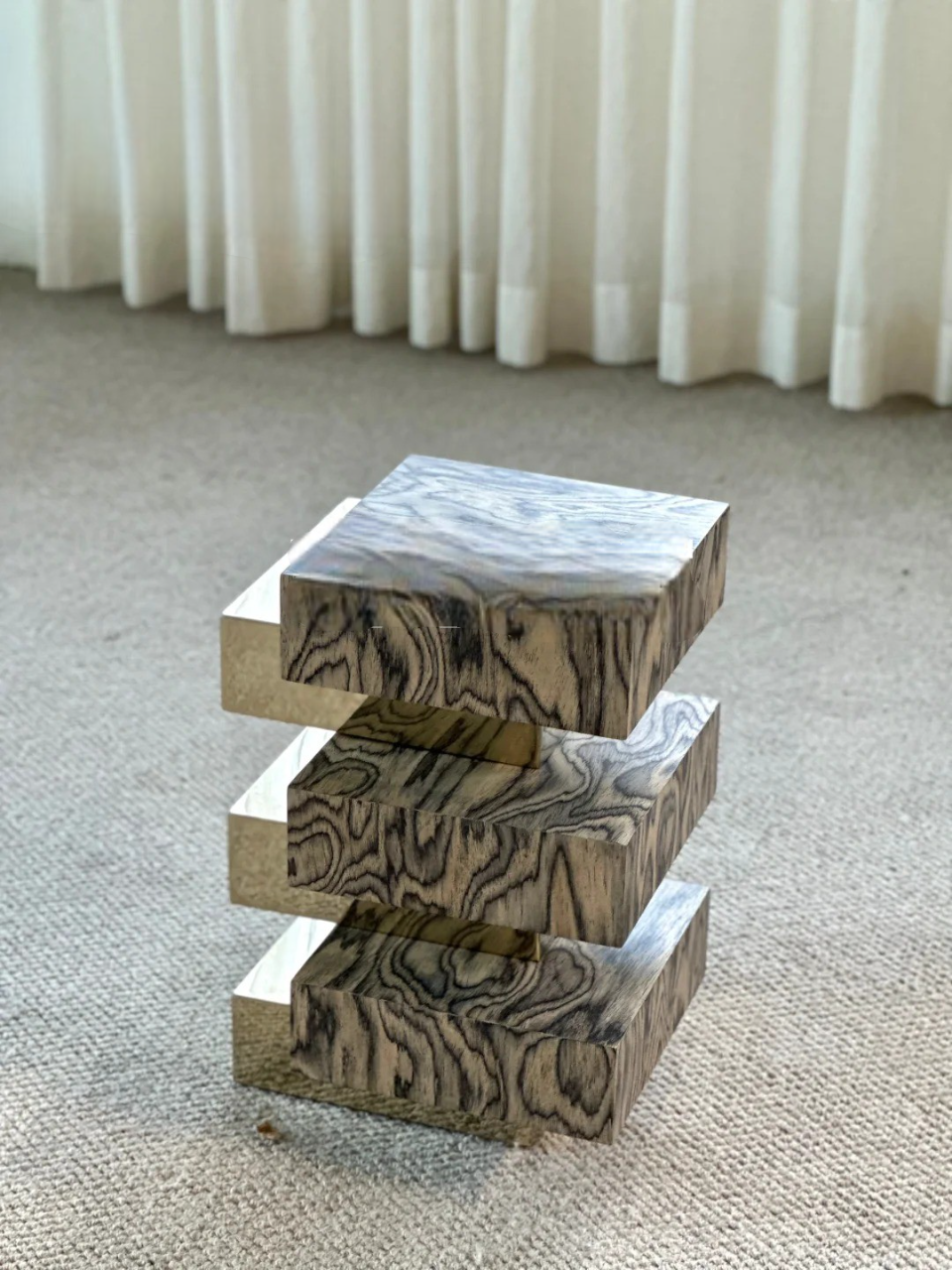Custom Vintage Solid Wood & Brass Stacked Accent Table, Artistic Modular Side/End Table for Designer Hotels, Apartments, B&Bs