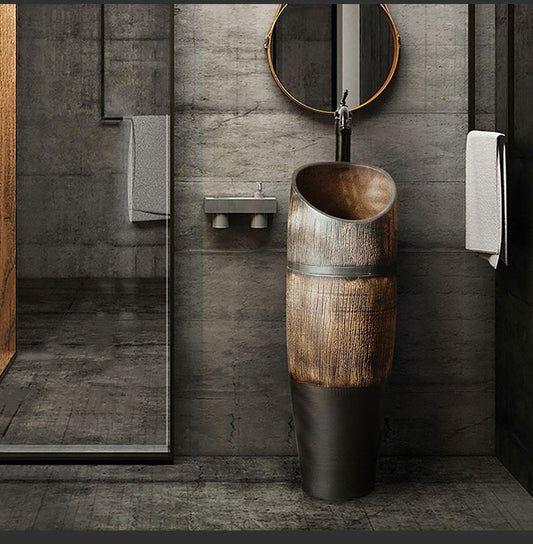 Compact Freestanding Pedestal Basin, Wood-Style Column Wash Basin for Small Balcony Outdoor Garden, Integrated Floor Standing Sink
