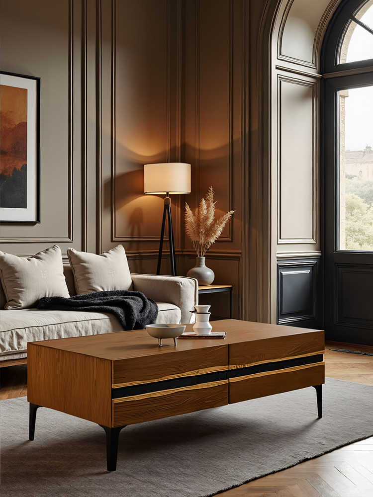 Retro Modern Solid Oak Coffee Table – Minimalist Rectangular Living Room Centerpiece with Drawers, Caramel Finish