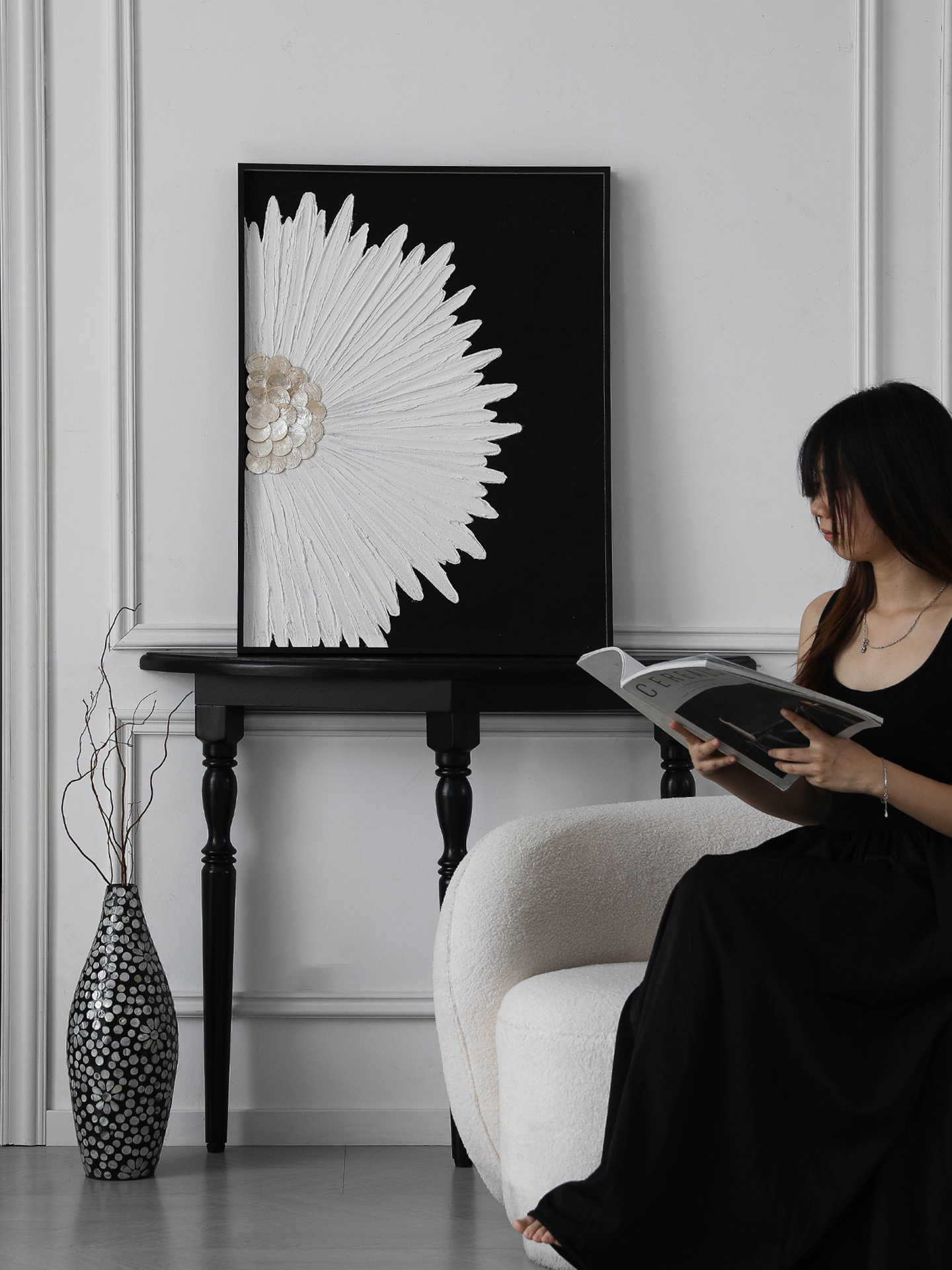 Oriental Flower Wall Art, Modern Black Frame Artistic Raised Texture Painting for Living Room & Entryway
