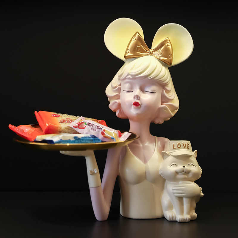 Luxury Girl and Cat Tray Organizer, Modern Resin Key Bowl for Entryway, Cute Countertop Decorative Figurine for Living Room and Desk