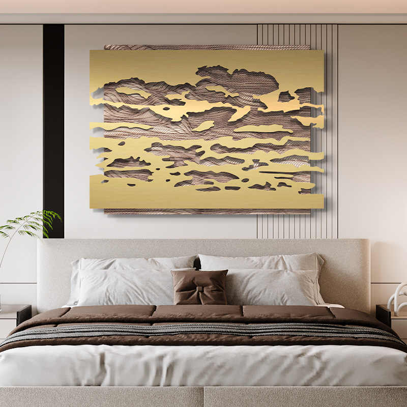 Modern Luxury Metal Carved Wall Art, 3D Relief Sandstone & Stainless Steel Large Hollow Decorative Painting, Frameless for Lobby, Hotel, Sales Office