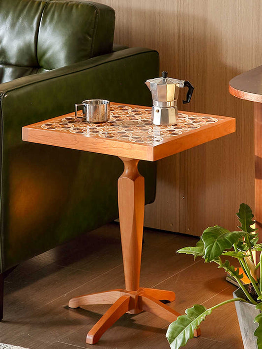 Cherry Wood Mobile Side Table – Vintage French Style Small Square Tea Table, Portable Solid Wood Accent Table for Sofa, Bedroom, Balcony, Rustic Mid-Century Design