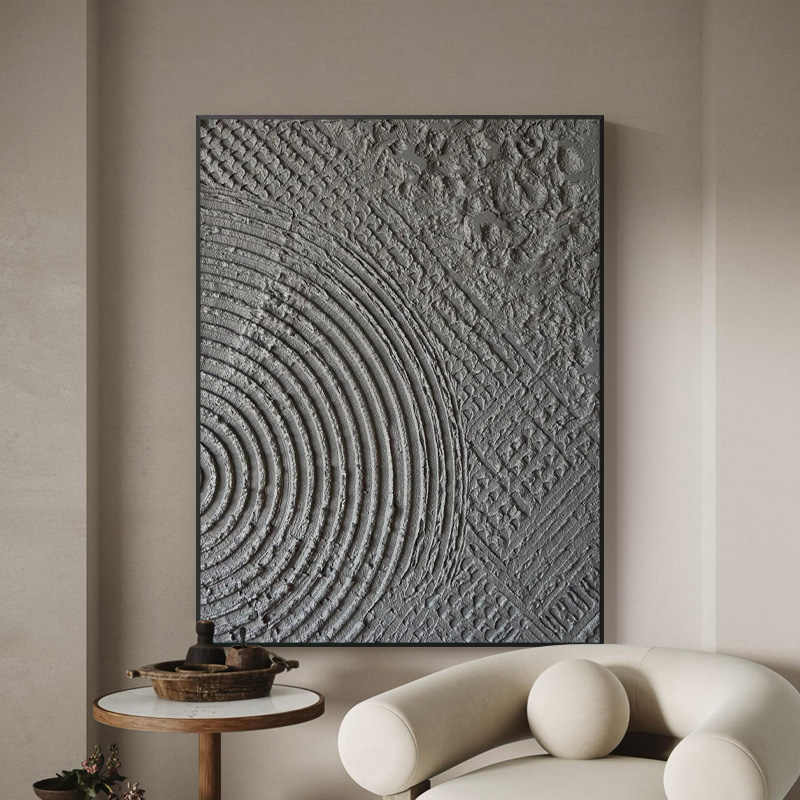 Minimalist Abstract Relief Wall Art, Hand-Painted Textured Oil Painting with Modern Black Aluminum Frame
