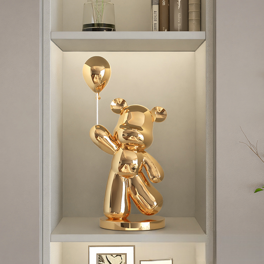 Gold Balloon Bear Sculpture – Modern Electroplated Resin Figurine for Living Room, Entryway, or Office Shelf Decor