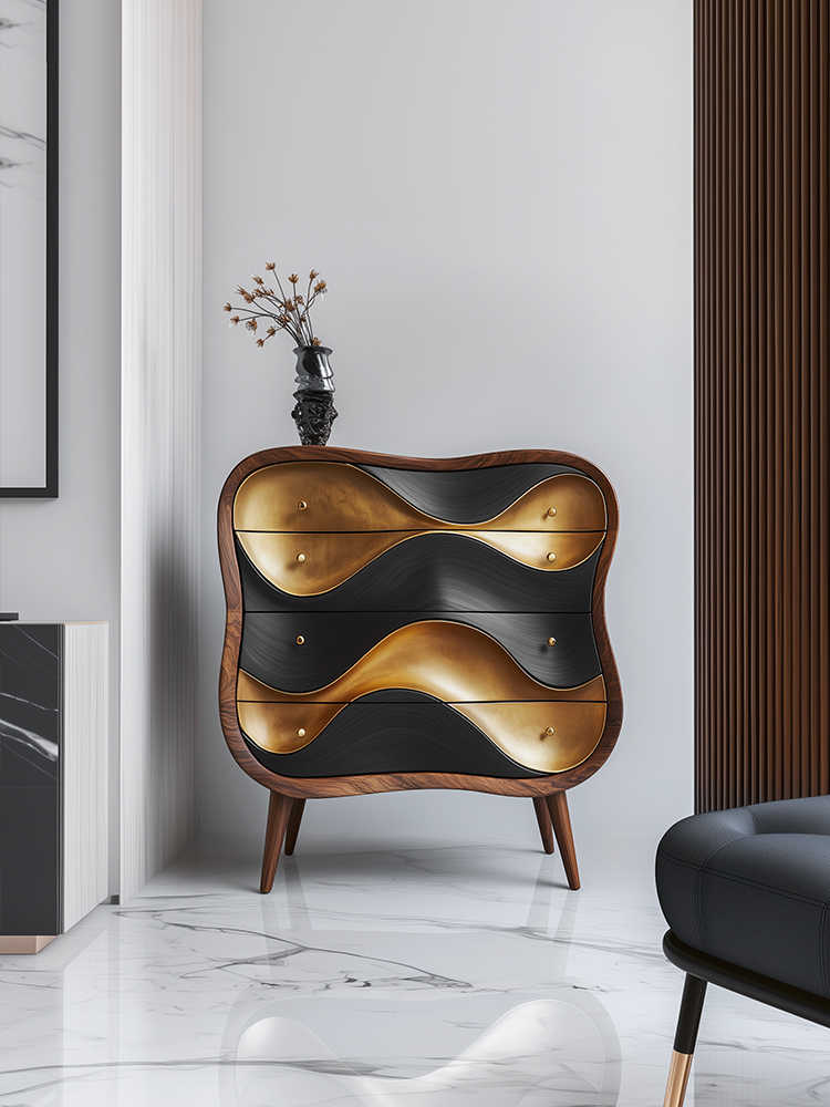 Luxury Designer Wave Front 4-Drawer Chest – Modern Artistic Solid Wood Storage Cabinet with Gold & Black Curved Drawers, Bedroom Accent Dresser for Villa, Entryway, or Jewelry