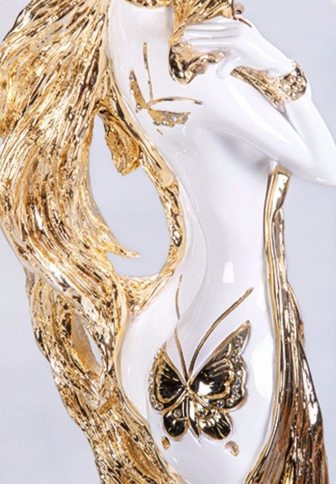Luxury Lady Resin Floor Sculpture – Elegant Gold Art Figurine for Living Room, Lobby, or Hotel Entryway Décor