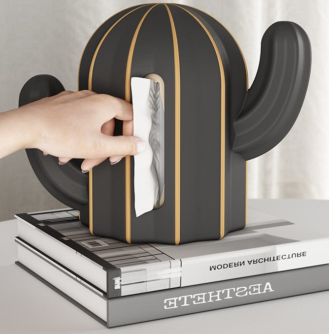 Luxury Cactus Tissue Box Dispenser – Elegant Black & Gold Desktop Organizer for Living Room, Dining & Entryway Decor