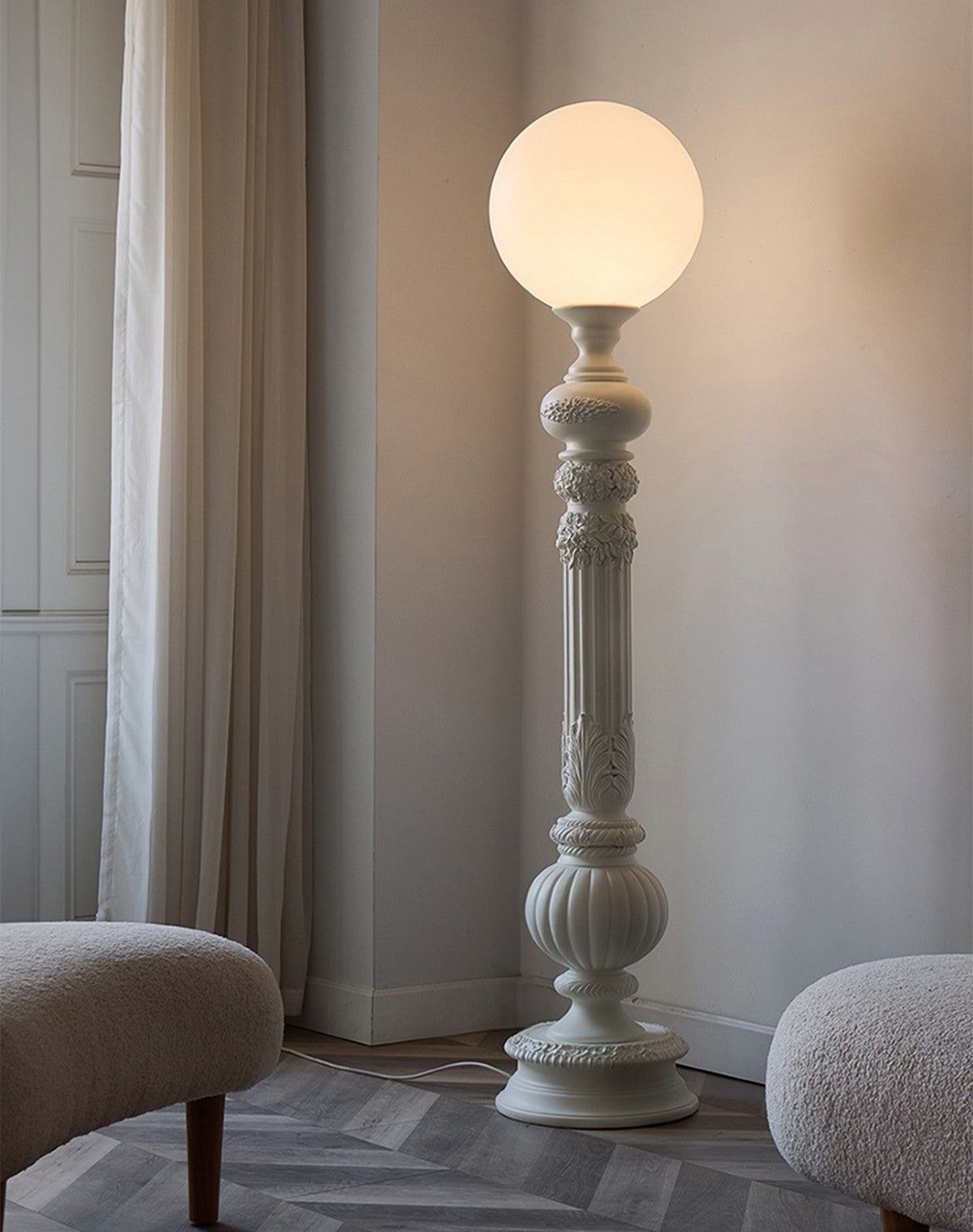 French Baroque Floor Lamp with Hand-Carved Column Base, Luxury Villa Living Room Statement Lighting with Globe Shade, Vintage Ornate Fireplace Accent Lamp