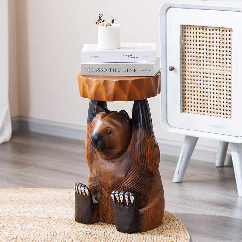 Hand-Carved Wooden Bear Stool with Tree Stump Base, Rustic Animal Accent Table for Entryway Shoe Change & Plant Stand,