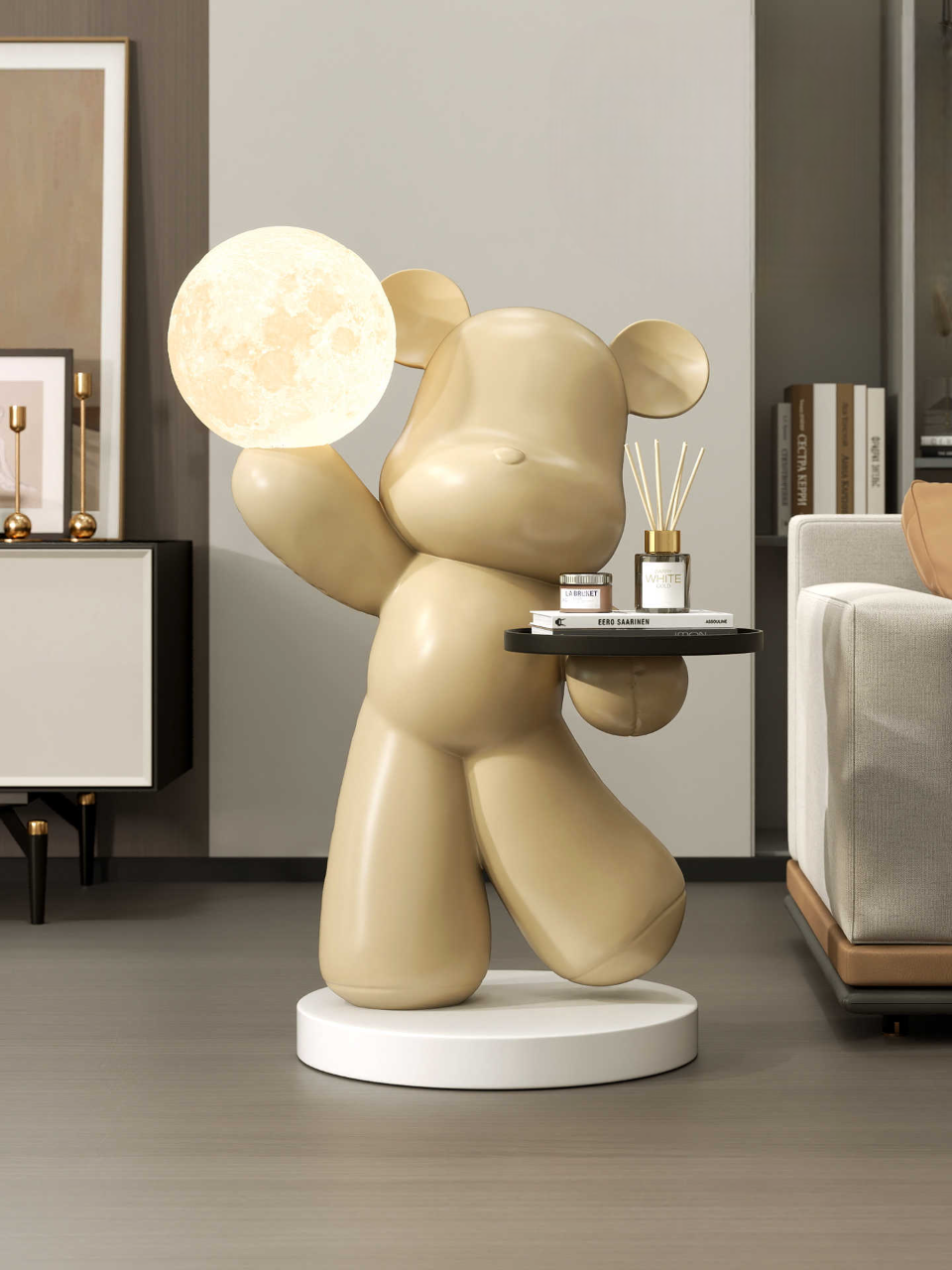Bear Floor Lamp Sculpture with Tray – Modern Art Floor Light and Accent Table for Living Room, Bedroom, or Entryway