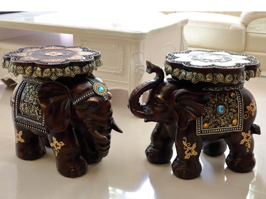 Creative Elephant Stools Set, European Style Shoe Changing Stools, Living Room Fortune Decorative Ornaments, Housewarming Gift - Wood-Grain Finish Set (Trunk Up + Trunk Down)